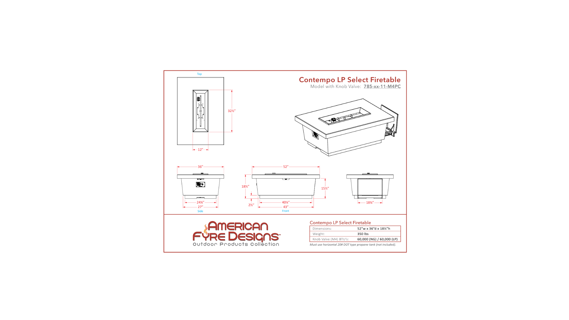 American Fyre Designs 785 Contempo LP Select 52-Inch Rectangular Propane Gas Fire Table