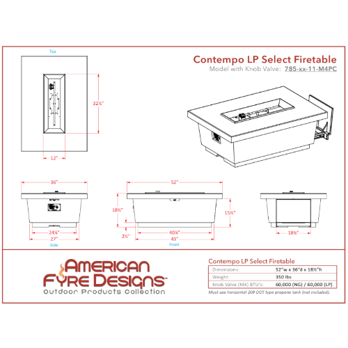 American Fyre Designs 785 Contempo LP Select 52-Inch Rectangular Propane Gas Fire Table